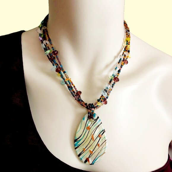 CJ Jewelry - CJ Signed Multistrand Art Glass Necklace – Teardrop Pendant – Boho Statement